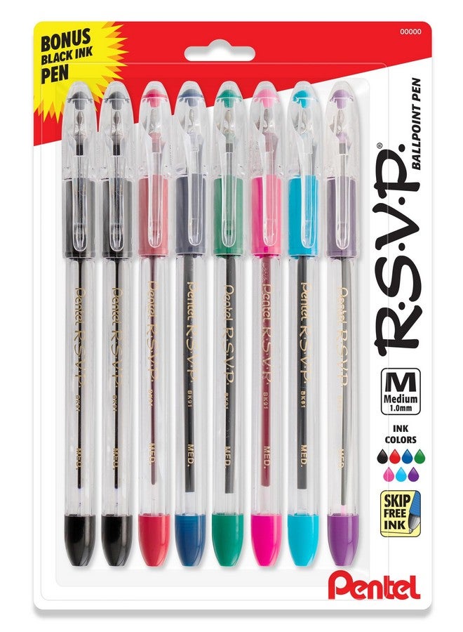 Pentel Rsvp Original Ballpoint Pen, (1.0Mm) Medium Line, Assorted Ink Colors, Clear Barrel, 8 Pack With Bonus Black Ink Pen - Image 1