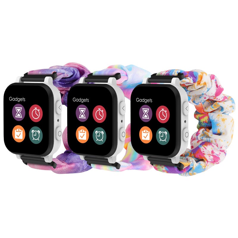 MoKo 3Pack Scrunchie Band Compatible with Gizmo Watch 3 2 1/Gabb Watch 3e 3 2 1/SyncUP Kids Watch, Cute Elastic Replacement Wristband Strap Stretchy Bands for Kids, Purple Pink+Pink Blue+Oil Painting - Image 1