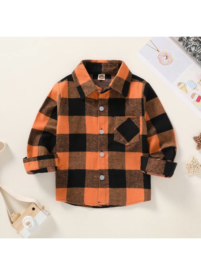 MAMAMI Kids Little Boys Girls Baby Long Sleeve Button Down Red Plaid Flannel Shirt Plaid Girl Boy NB-6T(5-6 Years, Orange) - Image 2