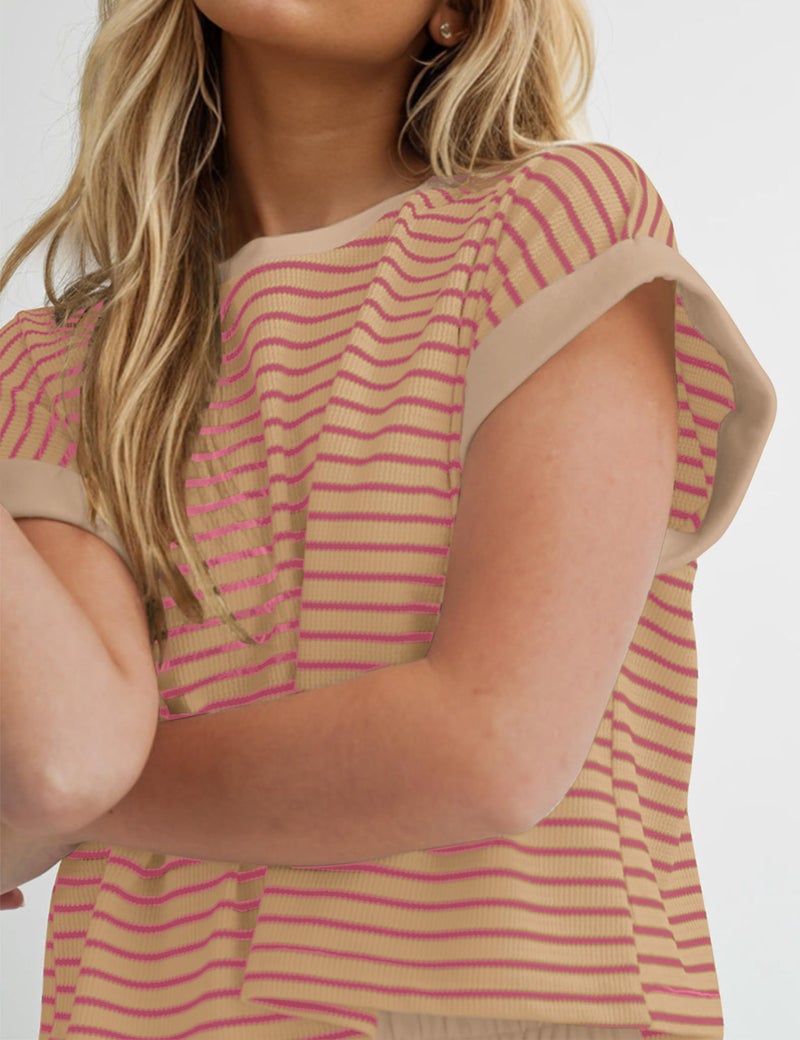 MISSACTIVER 2 Piece Lounge Set Women Stripe Knit Short Sleeve Tee Shirts Shorts Casual Summer Loungewear Shorts Sets - Image 5