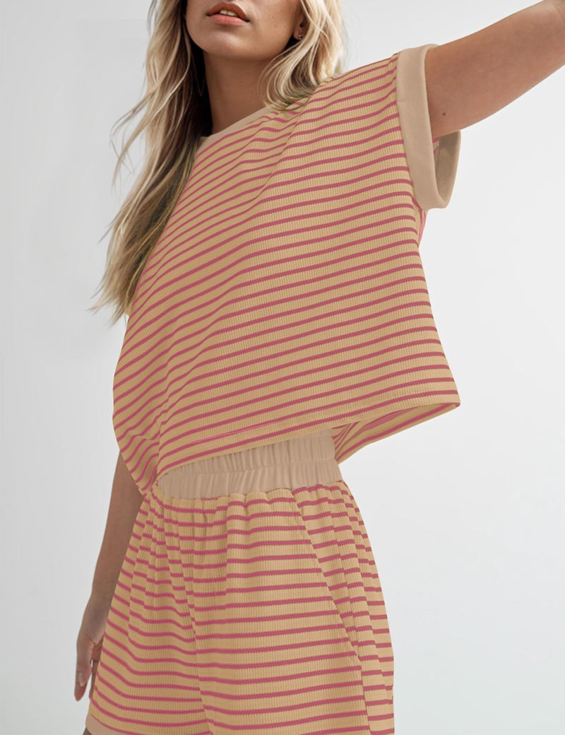 MISSACTIVER 2 Piece Lounge Set Women Stripe Knit Short Sleeve Tee Shirts Shorts Casual Summer Loungewear Shorts Sets - Image 3