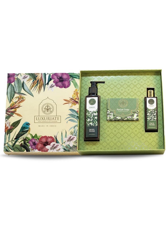 LUXURIATE Parijat Body Care Gift Set Box 3PC - Soap, Body Wash, Face Wash Gift for Sister | Gift for Diwali | Gift for Wedding | Gift for Women - Image 1