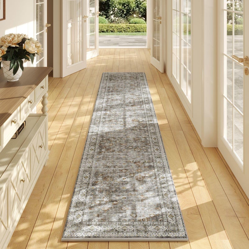 Runners for Hallways Kitchen Runner Rug Non Slip 2x10 Long Washable Rugs with Rubber Backing Soft Vintage Carpet Runner for Hallways Kitchen Laundry Bedroom Bathroom Grey and Brown