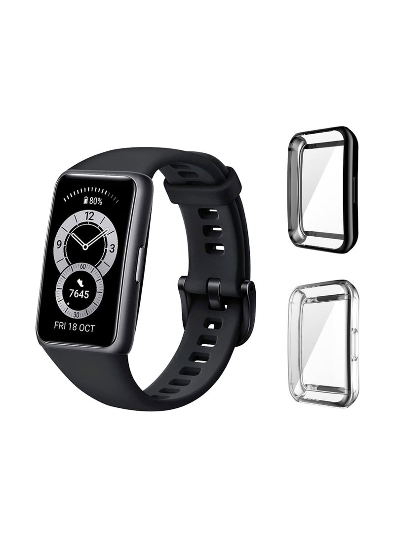 SYOSI [عبوتان] غطاء حماية متوافق مع حافظة HUAWEI Band 6/HUAWEI Band 7، حافظة TPU مع واقي شاشة، غطاء TPU سيليكون مقاوم للخدش ومقاوم للماء - أسود شفاف - Image 1