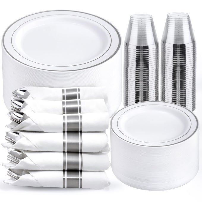 350PCS SILVER PLASTIC PLATES FOR 50 GUESTS DISPOSABLE DINNERWARE SET PARTY SUPPLIES INCLUDES 100 SILVER PLATE150 SILVERWARE50 NAPKINS50 CUPSPLASTIC PLATES DISPOSABLE