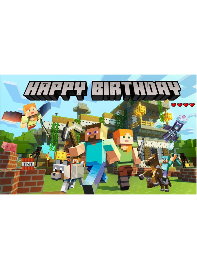 ILovhaprty 180cm×110cm Pixel Party Decorations, 71"× 43" Pixel Games Birthday Backdrop Minecraft Happy Birthday Party Backdrop Pixel Games Themed Party Backdrop, Pixel Party Backdrop for Minecraft Themed Party Decorations - Image 1