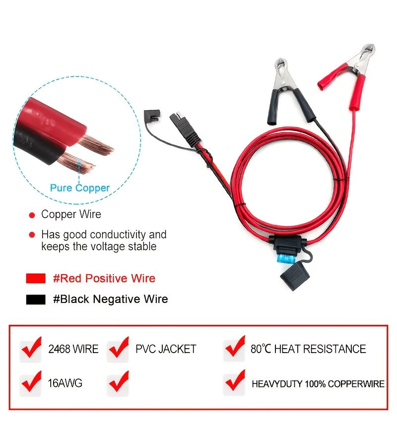16 AWG Heavy Duty Alligator Clip to SAE Quick Connect Adapter 3FT 15A Fuse - Image 4
