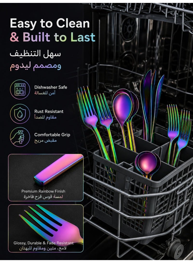 Three sheep 35-piece stainless steel cutlery set includes various flat-bottomed utensils, such as knives, forks, spoons, and coffee spoons (colored). It's a 7-person Western-style tableware and kitchen set, with a bright, polished finish, durable and suitable for parties and picnics. It's easy to store and dishwasher safe. - Image 5