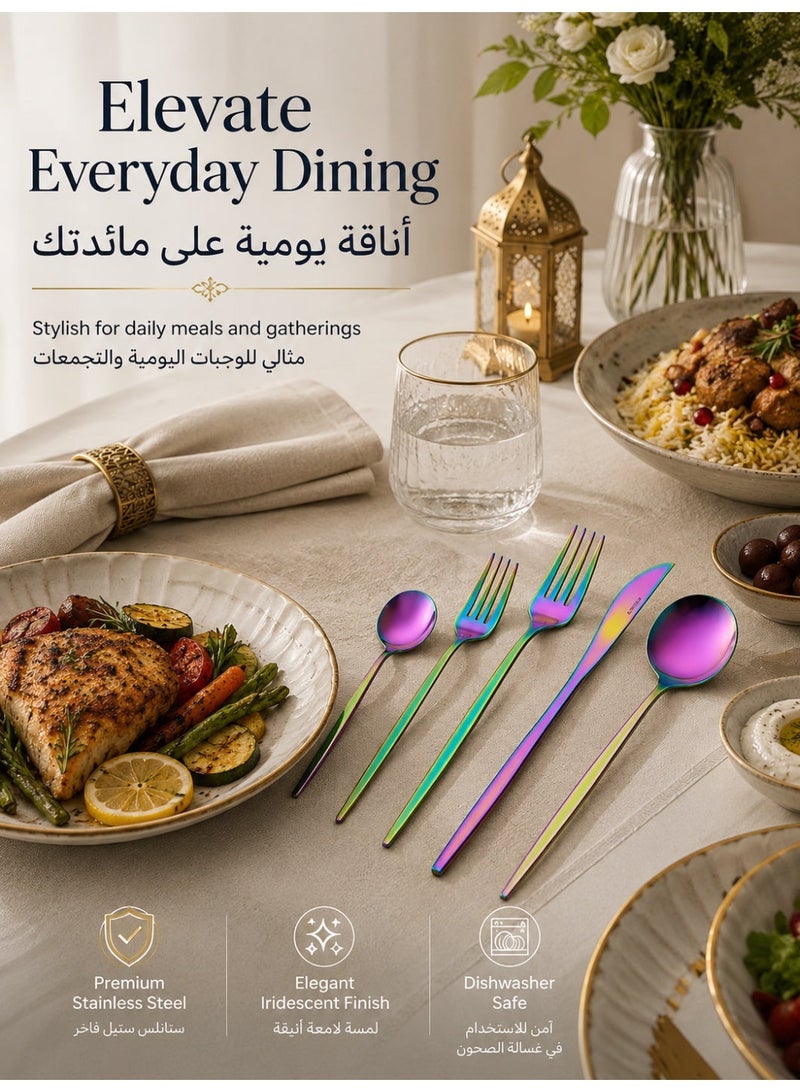 Three sheep 35-piece stainless steel cutlery set includes various flat-bottomed utensils, such as knives, forks, spoons, and coffee spoons (colored). It's a 7-person Western-style tableware and kitchen set, with a bright, polished finish, durable and suitable for parties and picnics. It's easy to store and dishwasher safe. - Image 3