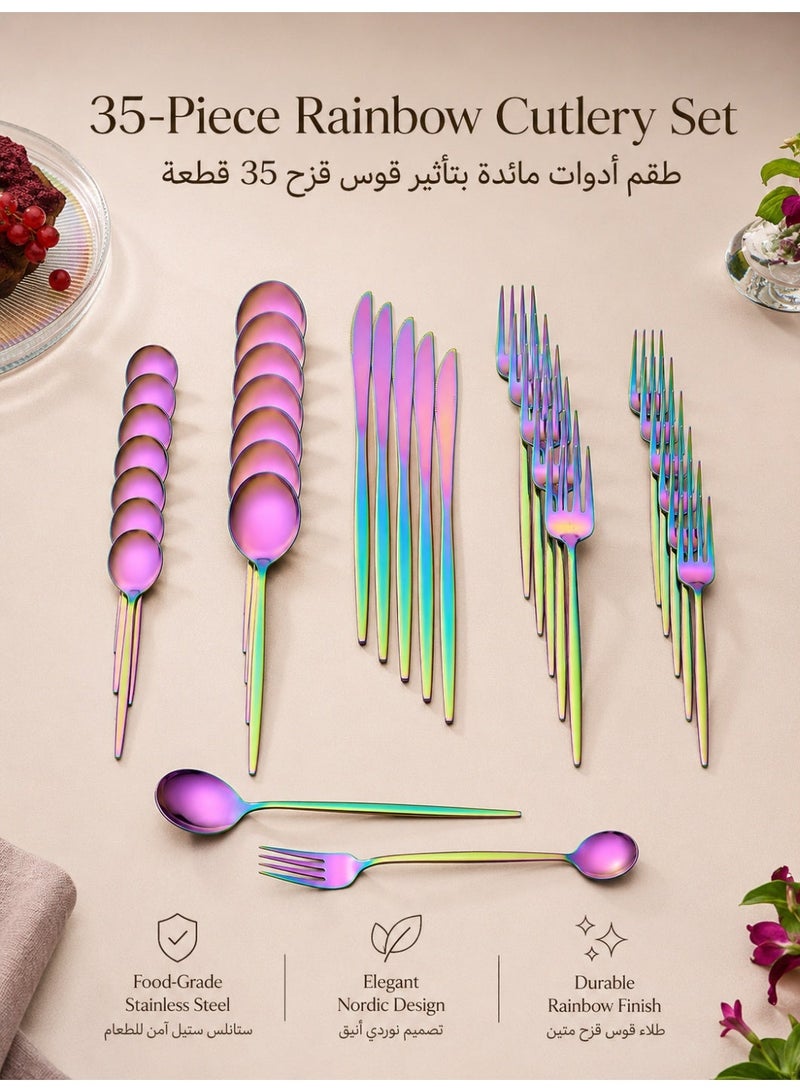 Three sheep 35-piece stainless steel cutlery set includes various flat-bottomed utensils, such as knives, forks, spoons, and coffee spoons (colored). It's a 7-person Western-style tableware and kitchen set, with a bright, polished finish, durable and suitable for parties and picnics. It's easy to store and dishwasher safe. - Image 1