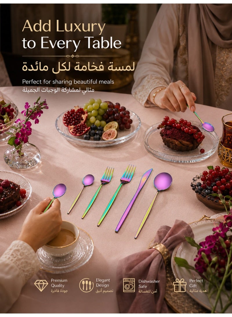 Three sheep 35-piece stainless steel cutlery set includes various flat-bottomed utensils, such as knives, forks, spoons, and coffee spoons (colored). It's a 7-person Western-style tableware and kitchen set, with a bright, polished finish, durable and suitable for parties and picnics. It's easy to store and dishwasher safe. - Image 2