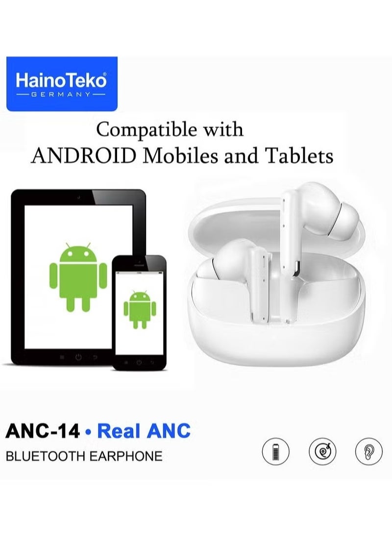 Haino Teko ANC-14 Bluetooth Earphones with Real Active Noise Cancellation, Bass Music Experience, Super Clear Microphone & Multi-Functional Touch Control – Compatible with Android Mobiles & Tablets – Wireless White Earbuds for Premium Sound & Clear Calls - Image 4