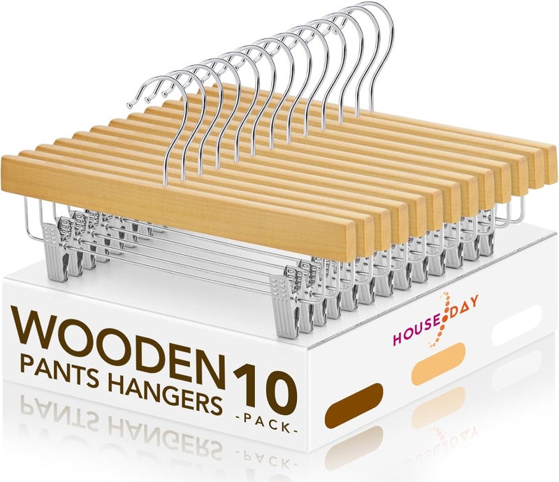 HOUSE DAY 10 Pack High-Grade Wooden Pants Hangers with Metal Clips Grip Clip Pants Hanger, Smooth Finish Solid Wood Jeans/Skirt Hanger - Clip Hanger for Pant, Skirts, Slacks (Natural). - Image 1