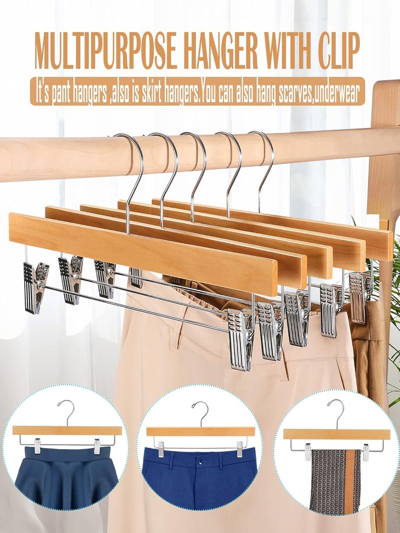 HOUSE DAY 10 Pack High-Grade Wooden Pants Hangers with Metal Clips Grip Clip Pants Hanger, Smooth Finish Solid Wood Jeans/Skirt Hanger - Clip Hanger for Pant, Skirts, Slacks (Natural). - Image 3