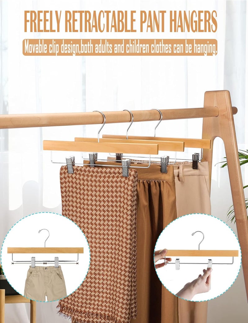 HOUSE DAY 10 Pack High-Grade Wooden Pants Hangers with Metal Clips Grip Clip Pants Hanger, Smooth Finish Solid Wood Jeans/Skirt Hanger - Clip Hanger for Pant, Skirts, Slacks (Natural). - Image 4