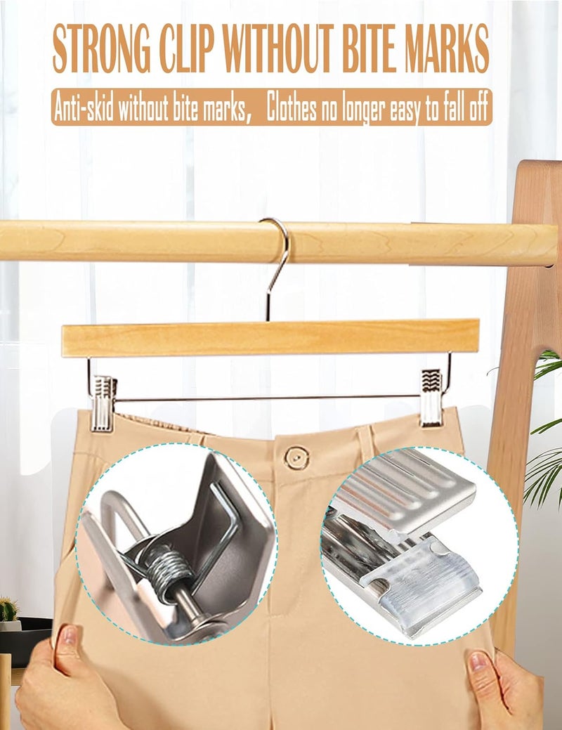 HOUSE DAY 10 Pack High-Grade Wooden Pants Hangers with Metal Clips Grip Clip Pants Hanger, Smooth Finish Solid Wood Jeans/Skirt Hanger - Clip Hanger for Pant, Skirts, Slacks (Natural). - Image 2