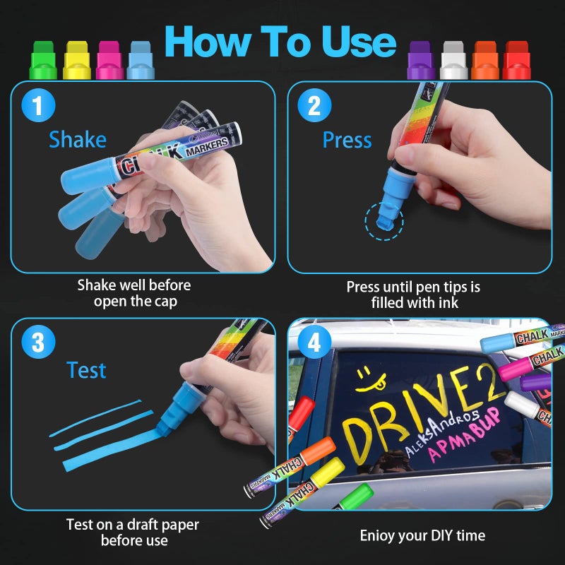 KERIFI Window Chalk Markers for Cars Washable: 10mm Jumbo Liquid Chalk Pens, Wet Erase for Auto Bistro Blackboard Glass Mirror Poster Windows Art Wedding Signs, Just Married Car Decorations (8 Colors) - Image 5