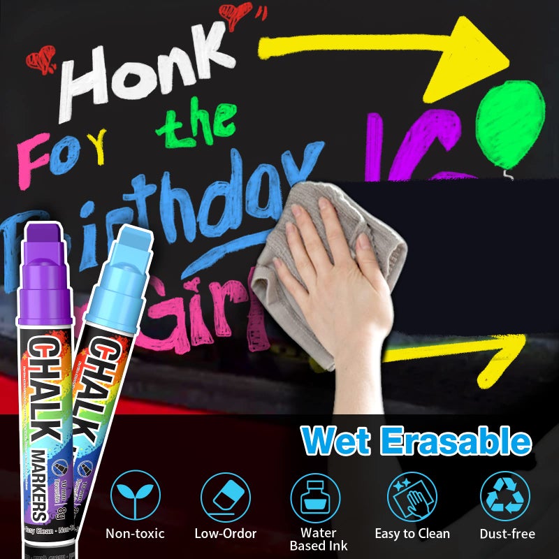 KERIFI Window Chalk Markers for Cars Washable: 10mm Jumbo Liquid Chalk Pens, Wet Erase for Auto Bistro Blackboard Glass Mirror Poster Windows Art Wedding Signs, Just Married Car Decorations (8 Colors) - Image 4