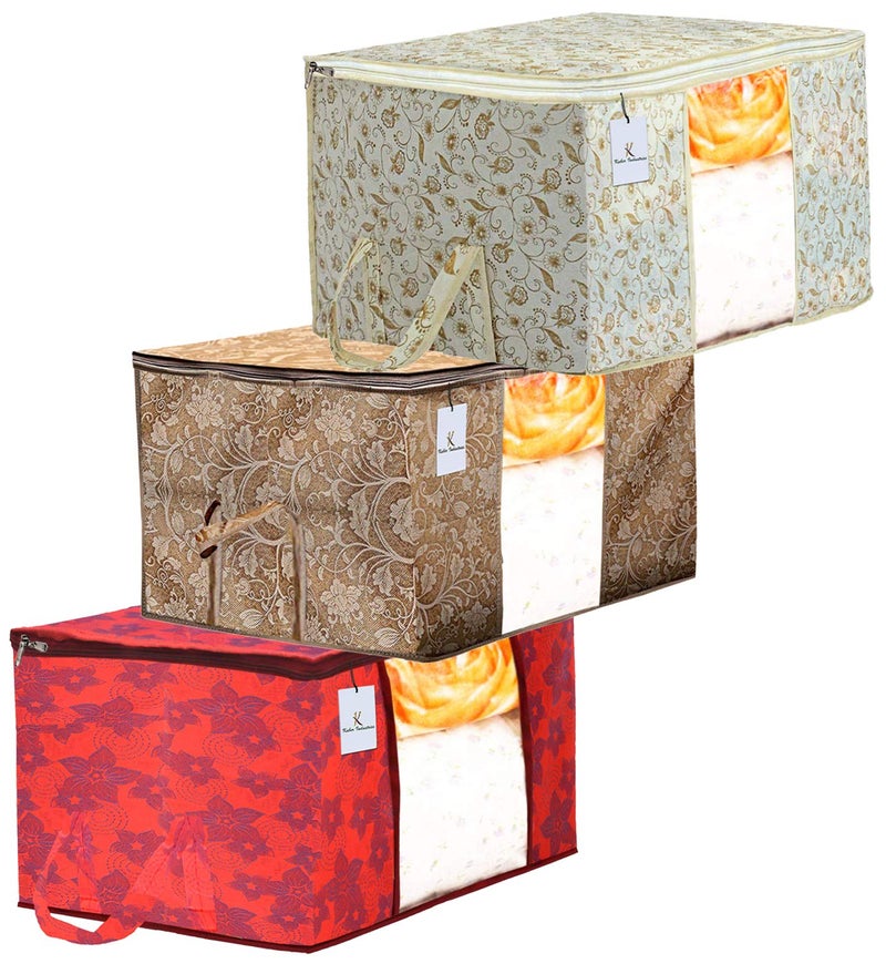 Kuber Industries Metalic Printed 3 Piece Non Woven Fabric Underbed Storage BagCloth OrganiserBlanket Cover with Transparent Window Red Beige Brown CTKTC41073standard - Image 1
