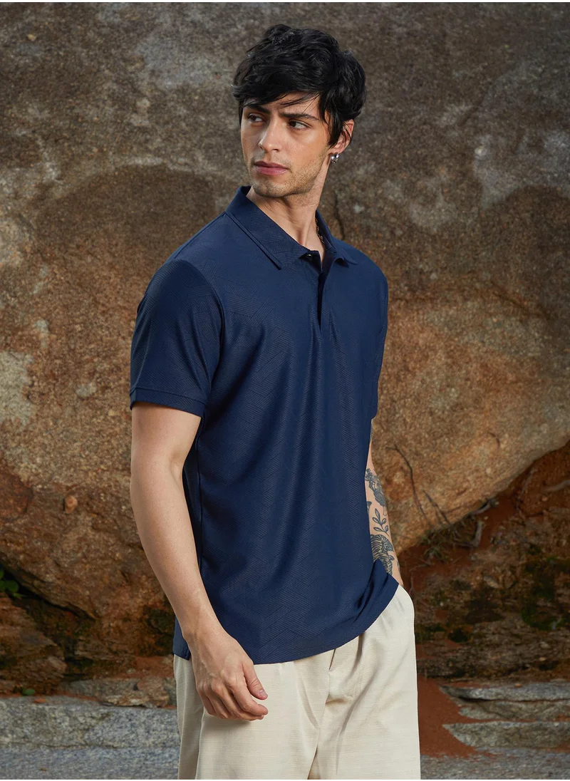 كامبوس سوترا Campus Sutra Men's Indigo Blue Basket-Textured Polo T-Shirt For Casual Wear | Polo Neck | Short Sleeve | Half-Button Closure | Oversized Shirt Crafted With Comfort Fit For Everyday Wear