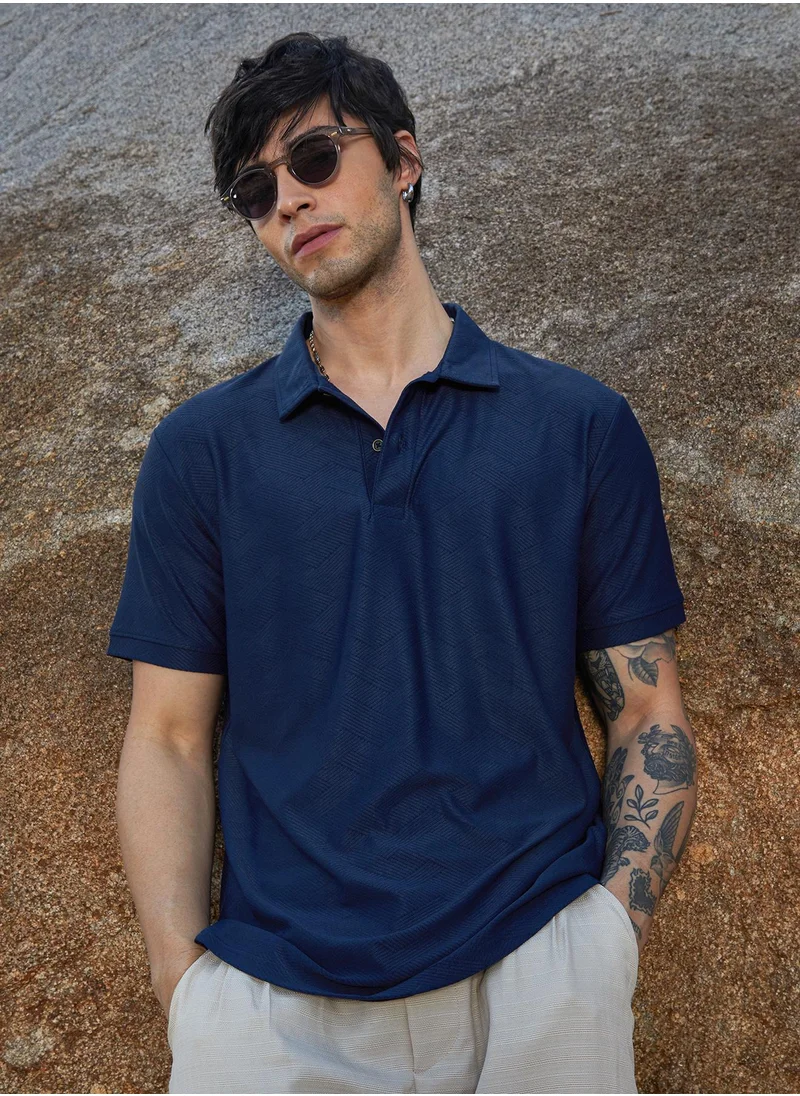 كامبوس سوترا Campus Sutra Men's Indigo Blue Basket-Textured Polo T-Shirt For Casual Wear | Polo Neck | Short Sleeve | Half-Button Closure | Oversized Shirt Crafted With Comfort Fit For Everyday Wear