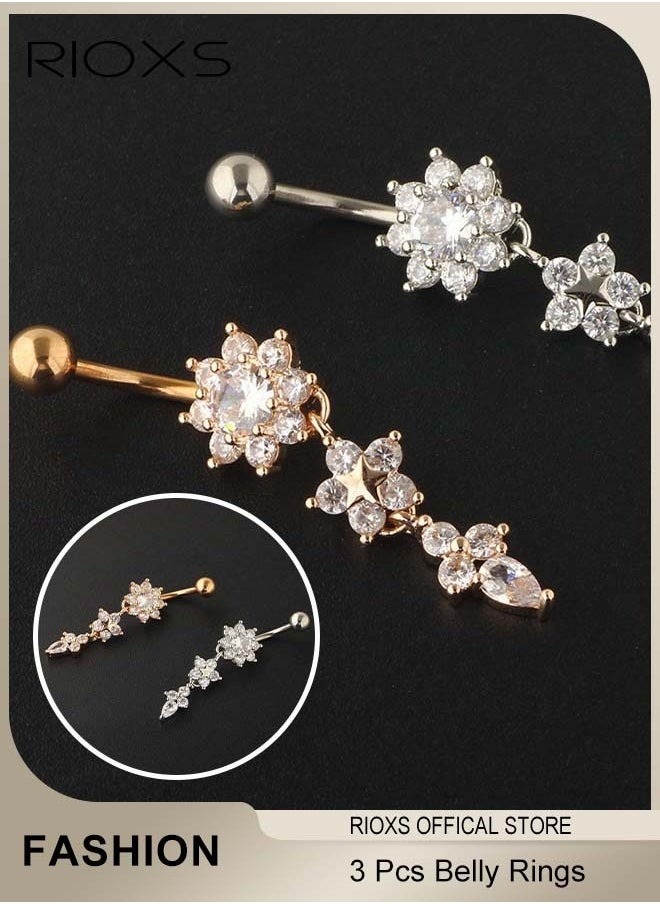 RIOXS - 3 Pcs Belly Ring,Unique Dangle Belly Rings,Crystal Body Jewelry Set For Women,Belly Jewelry,Navel Barbell Bling Crystals Body Jewelry - Image 1