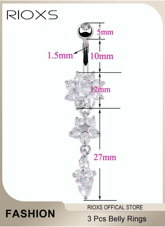 RIOXS - 3 Pcs Belly Ring,Unique Dangle Belly Rings,Crystal Body Jewelry Set For Women,Belly Jewelry,Navel Barbell Bling Crystals Body Jewelry - Image 1