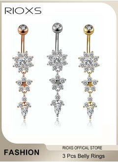 3 Pcs Belly Ring,Unique Dangle Belly Rings,Crystal Body Jewelry Set For Women,Belly Jewelry,Navel Barbell Bling Crystals Body Jewelry