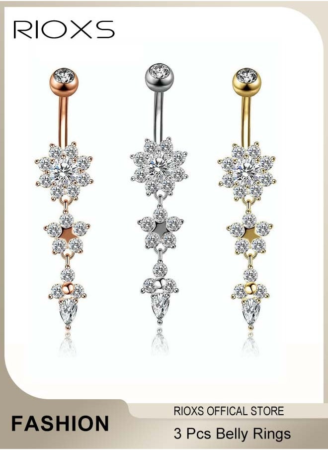 RIOXS - 3 Pcs Belly Ring,Unique Dangle Belly Rings,Crystal Body Jewelry Set For Women,Belly Jewelry,Navel Barbell Bling Crystals Body Jewelry - Image 1