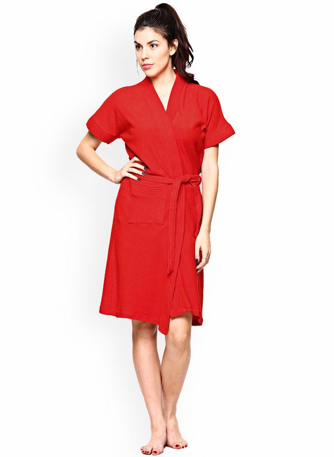 Red Rose RedRose Red Solid Cotton Drawstring Knee Length Bath Robe - XL - Image 1