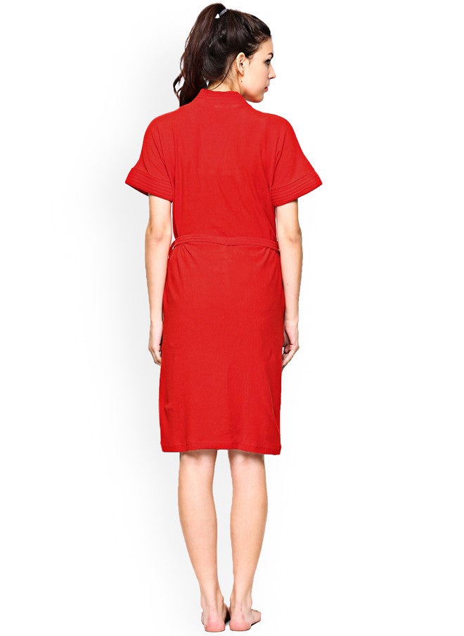 Red Rose RedRose Red Solid Cotton Drawstring Knee Length Bath Robe - XL - Image 3