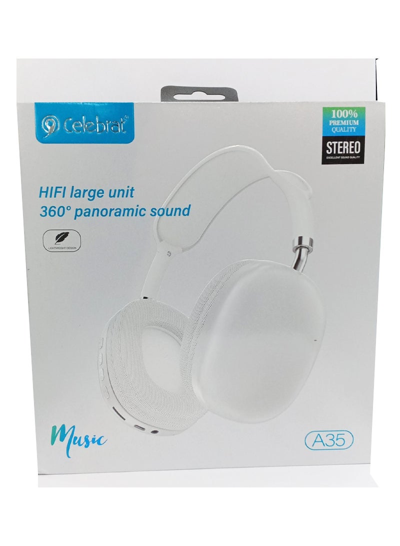 Celebrat A35 Stereo Wireless Bluetooth Headphones – White 