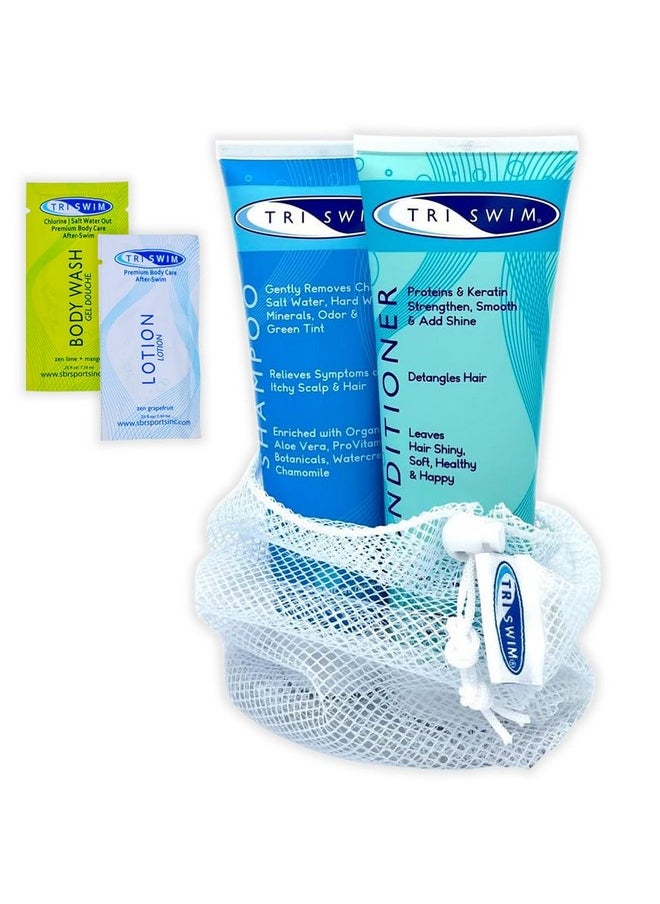 Triswim TRISWIM Hair Care Gift Set | Chlorine Shampoo and Conditioner for Swimmers, 8.5 fl oz | Paraben-Free with Aloe Vera and Chamomile | Restores Chlorine-Damaged Hair | Includes Body wash & Lotion Samples  - Image 1