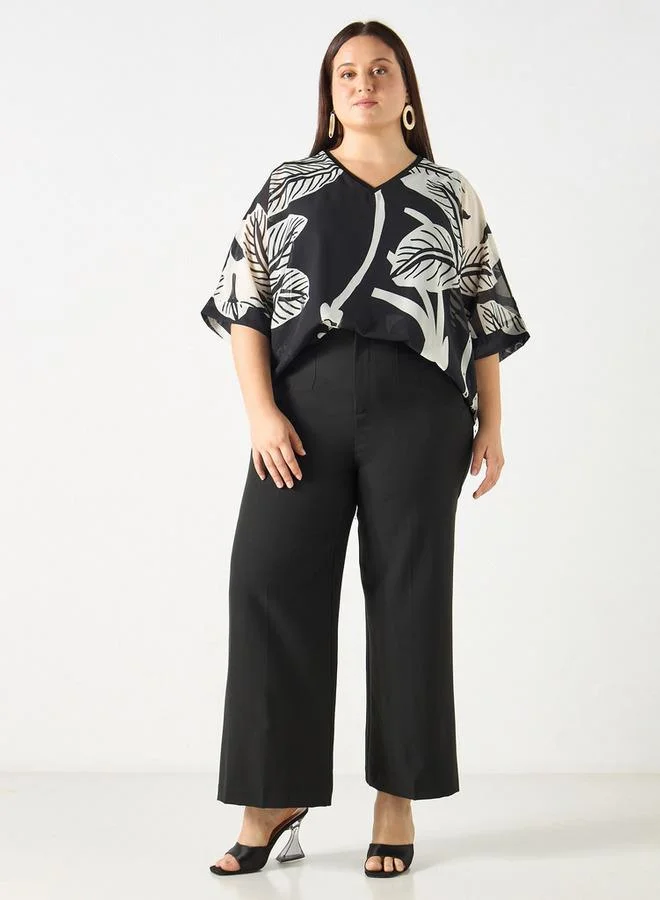 Ulla Popken Plus Size Ulla Popken All-Over Print V-neck Top with Short Sleeves