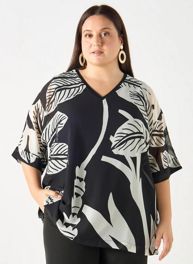 Ulla Popken Plus Size Ulla Popken All-Over Print V-neck Top with Short Sleeves