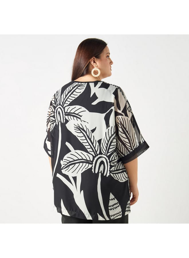 Ulla Popken Plus Size Ulla Popken All-Over Print V-neck Top with Short Sleeves  - Image 3