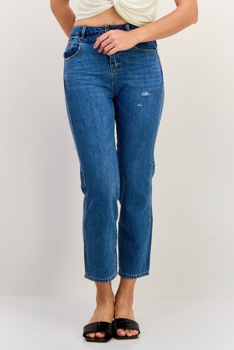Women Mom Fit Ripped Non Stretchable Jeans, Washed Blue