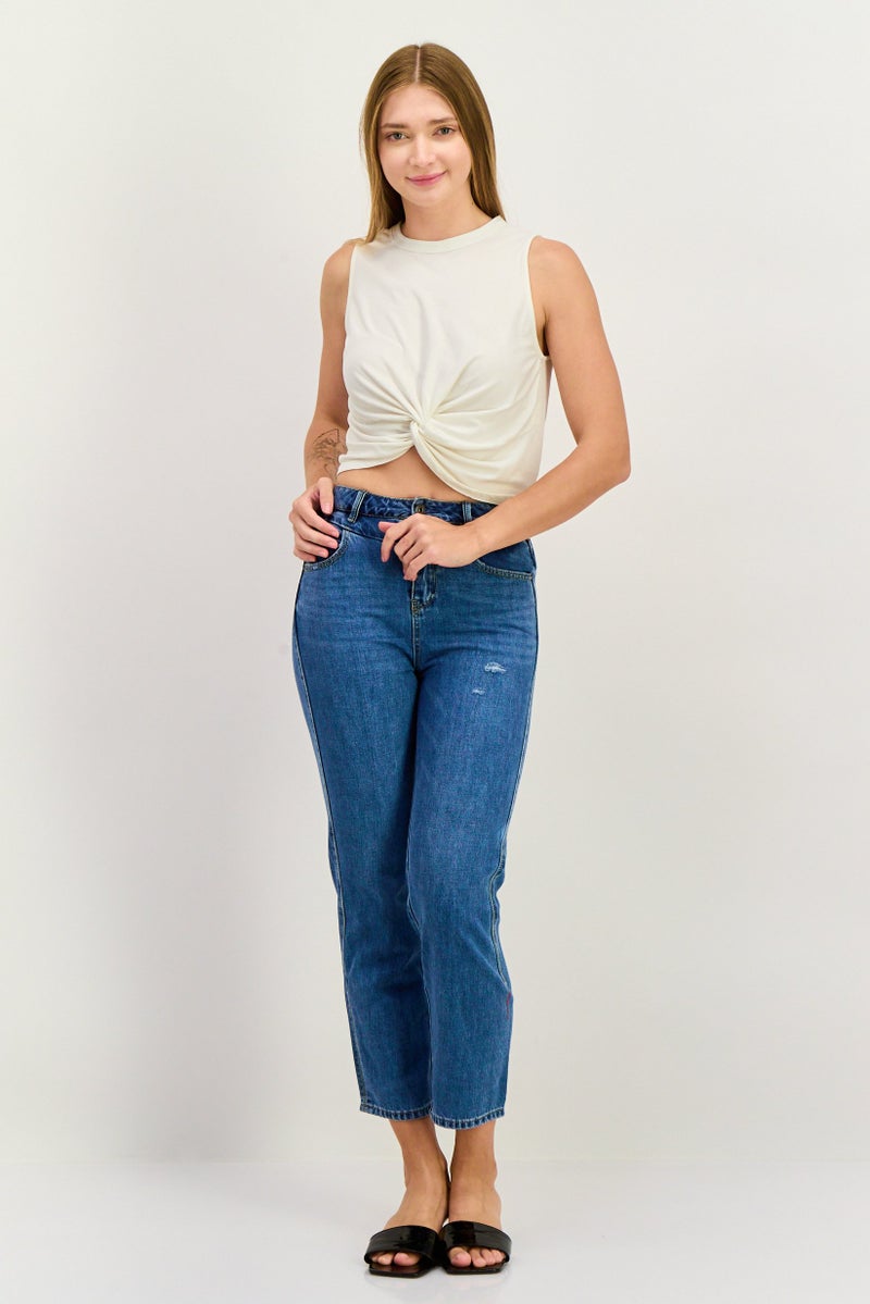 Women Mom Fit Ripped Non Stretchable Jeans, Washed Blue