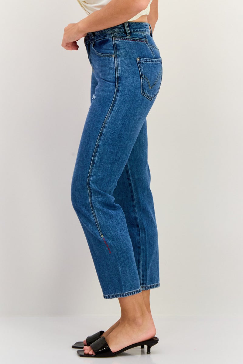 Women Mom Fit Ripped Non Stretchable Jeans, Washed Blue