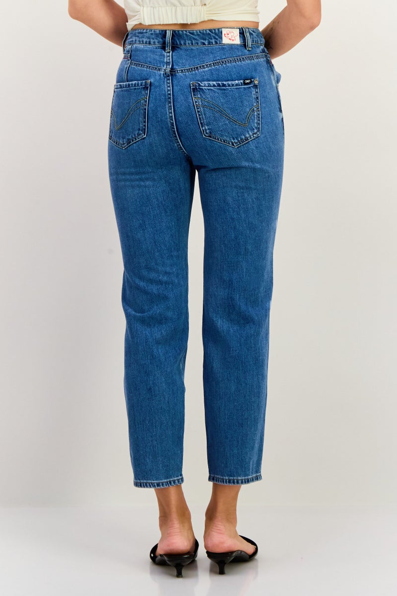 Women Mom Fit Ripped Non Stretchable Jeans, Washed Blue