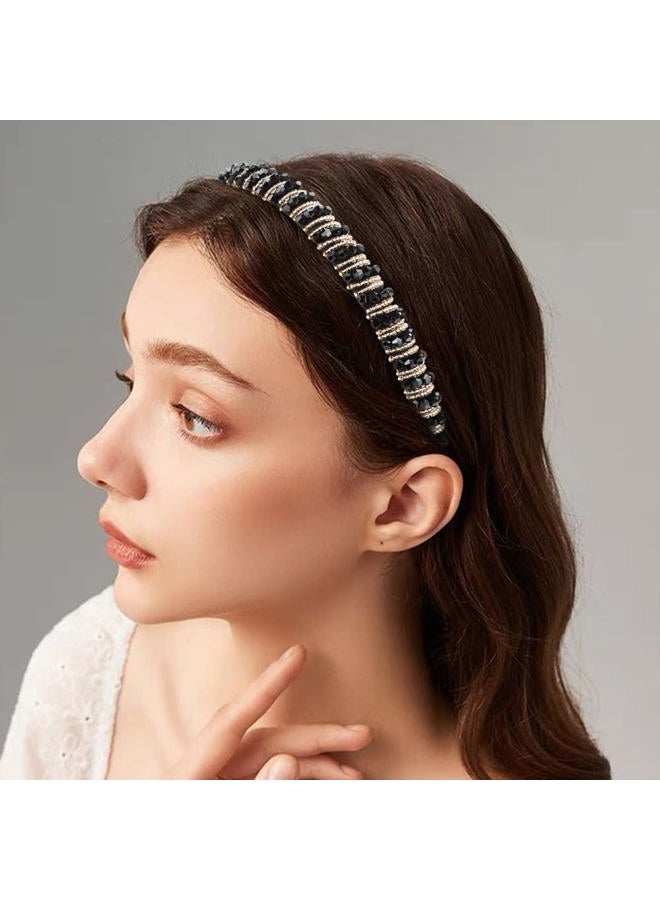 ANBALA Beaded Crystal Rhinestone Dressy Headbands for Women and Girls - Diamond Thin Sparkly Hair Bling Headbands (Black Silver Gold) - Image 3