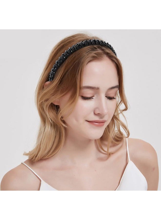 ANBALA Beaded Crystal Rhinestone Dressy Headbands for Women and Girls - Diamond Thin Sparkly Hair Bling Headbands (Black Silver Gold) - Image 5