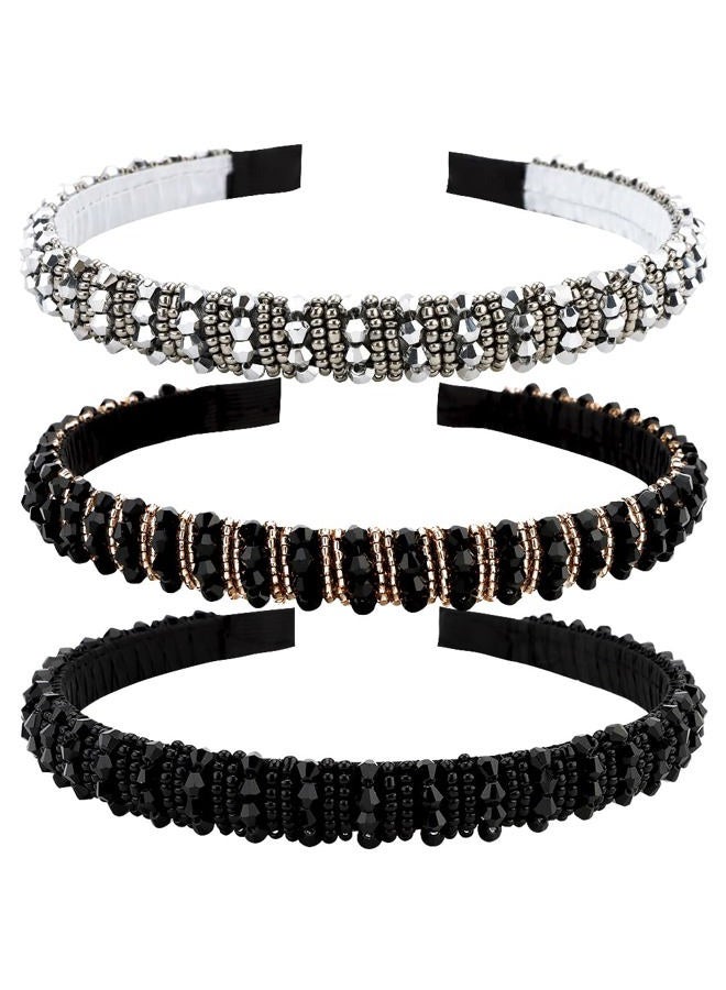 ANBALA Beaded Crystal Rhinestone Dressy Headbands for Women and Girls - Diamond Thin Sparkly Hair Bling Headbands (Black Silver Gold) - Image 1