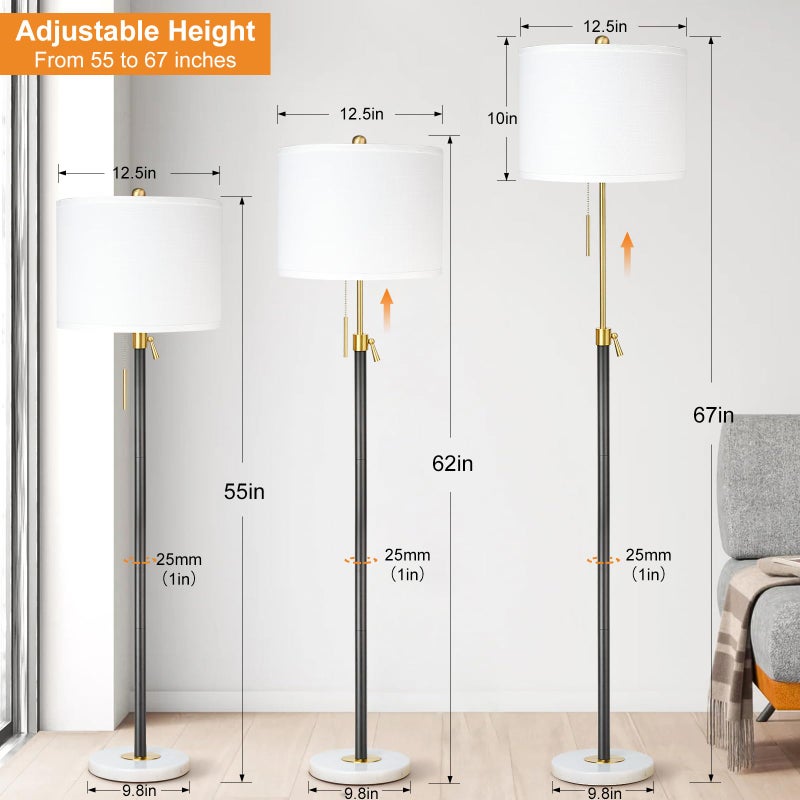 Qingmiao Floor Lamp for Living Room Adjustable Tall Standing Lamp, 3-Way Dimmable Floor Lamp for Bedroom Office, Black Gold Lamp with Marble Base and White Linen Shade - Image 2