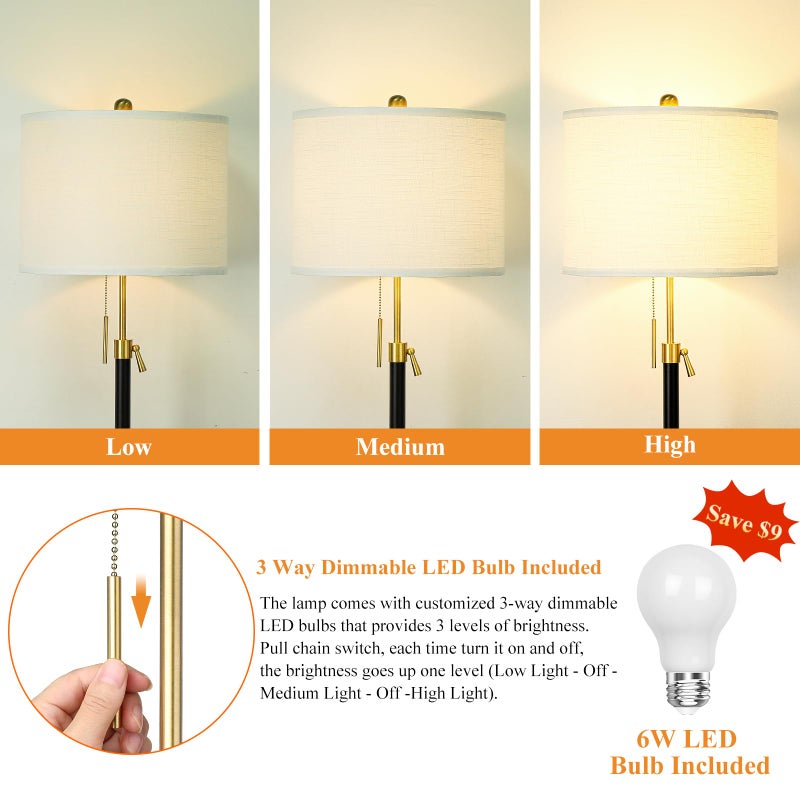 Qingmiao Floor Lamp for Living Room Adjustable Tall Standing Lamp, 3-Way Dimmable Floor Lamp for Bedroom Office, Black Gold Lamp with Marble Base and White Linen Shade - Image 3