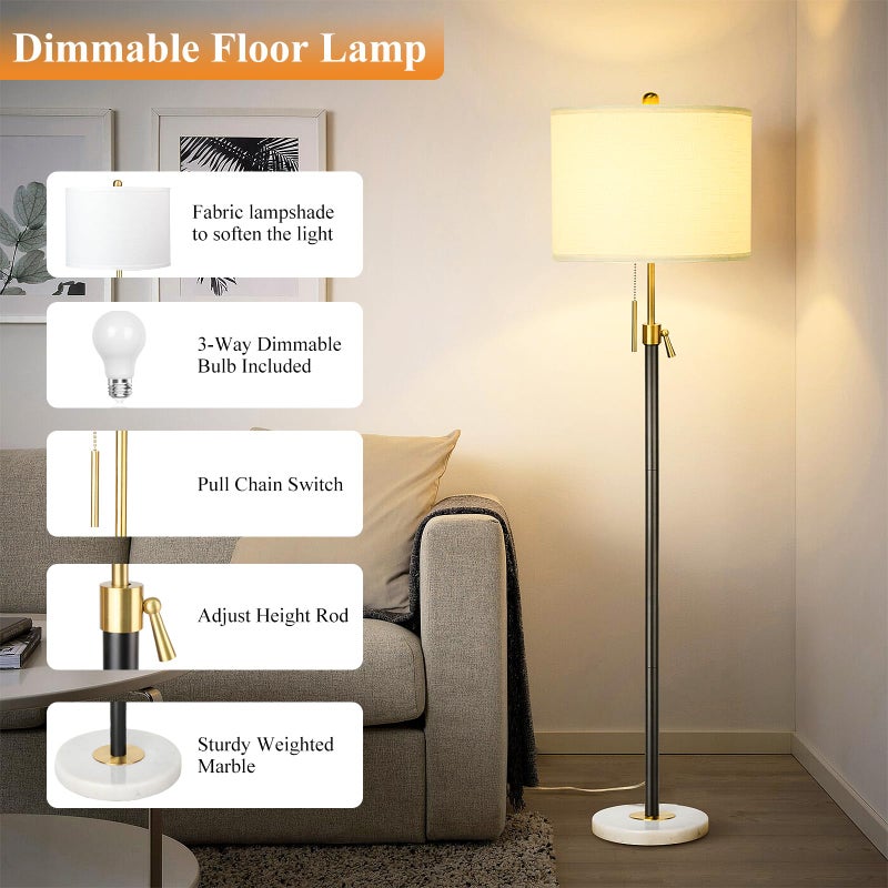 Qingmiao Floor Lamp for Living Room Adjustable Tall Standing Lamp, 3-Way Dimmable Floor Lamp for Bedroom Office, Black Gold Lamp with Marble Base and White Linen Shade - Image 4