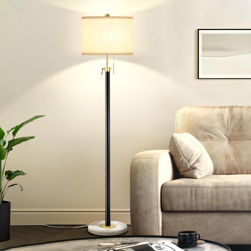 Qingmiao Floor Lamp for Living Room Adjustable Tall Standing Lamp, 3-Way Dimmable Floor Lamp for Bedroom Office, Black Gold Lamp with Marble Base and White Linen Shade - Image 1