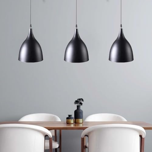WHITERAY Traditional Round Black Aluminum Metallic Decorative Hanging Lights Set Pendant Ceiling Light Classic lamp for Kitchen Dining Living Room Bedroom Bathroom ((6" Shade (Pack of 3) with Bulb) - Image 1