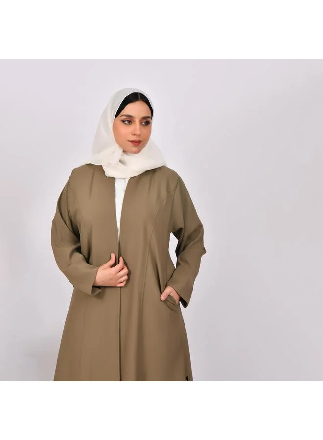 HAWRAA ABAYA Brown quarter-cloche wrap abaya with detailed lines and hidden side pockets