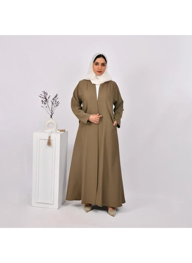 HAWRAA ABAYA Brown quarter-cloche wrap abaya with detailed lines and hidden side pockets